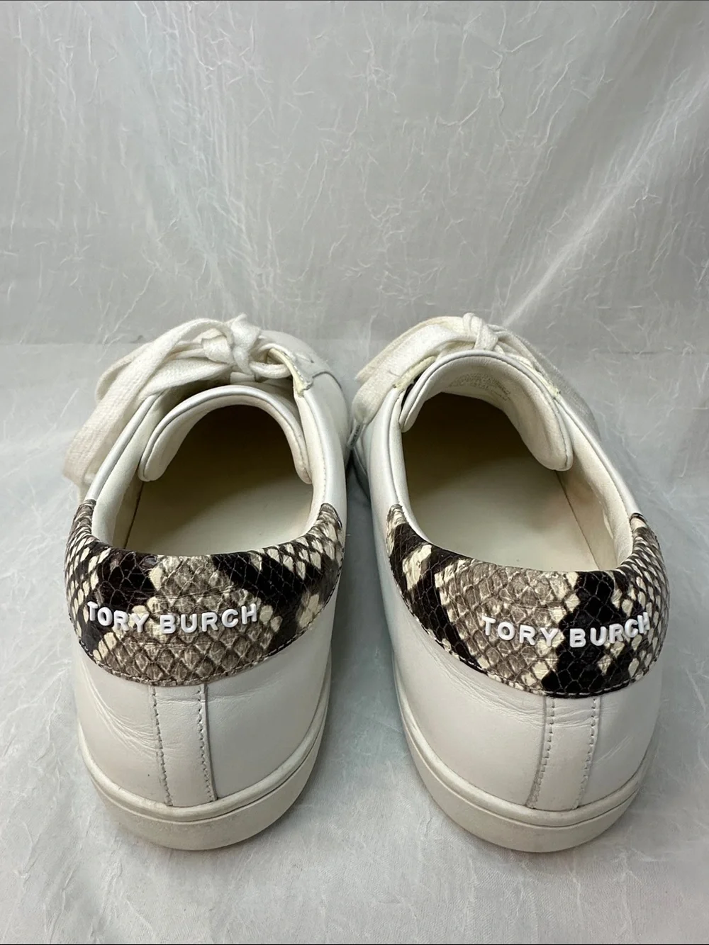 Tory Burch Leigh White Leather Sneakers with Black T Logo and Snake-Print Heel